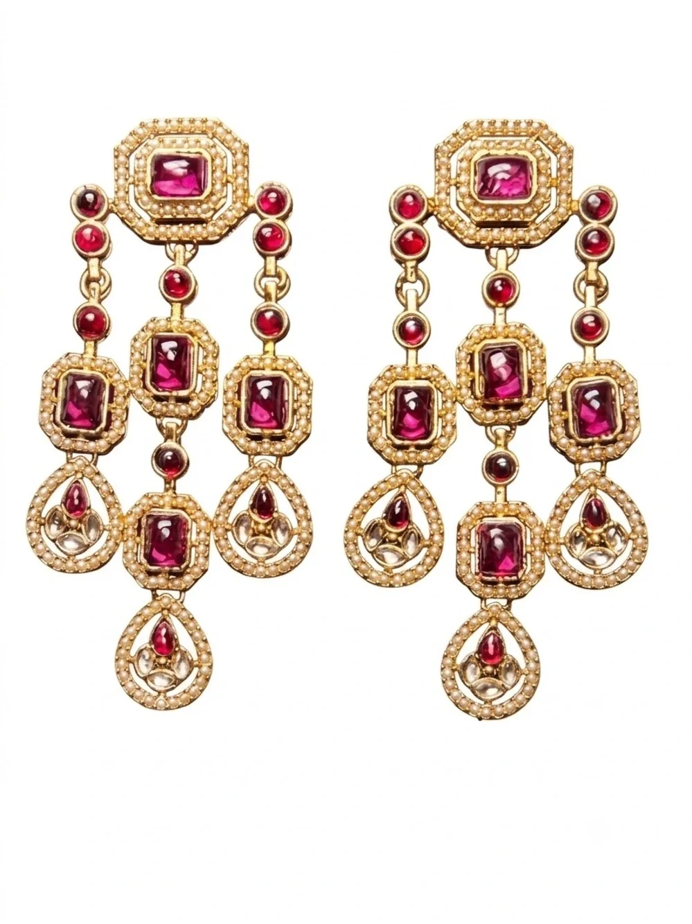 Gold-Tone Pink Gemstone Chandelier Earrings - Women Jewelry